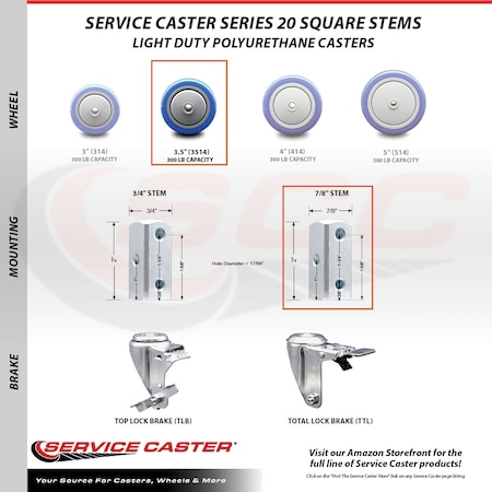 Service Caster 3.5 Inch Blue Polyurethane Wheel Swivel 7/8 Inch Square Stem Caster SCC SCC-SQ20S3514-PPUB-BLUE-78